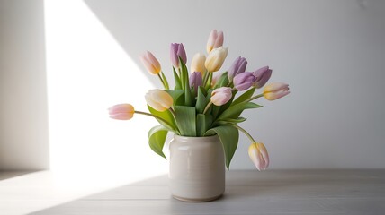 Obraz premium Fresh Spring Tulip Bouquet in Vase with Pastel Colors and Natural Light for Home Decor and Flower Arrangements