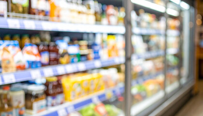 Obraz premium Blurred background of supermarket fridge with food products on shelves. Glass showcase.