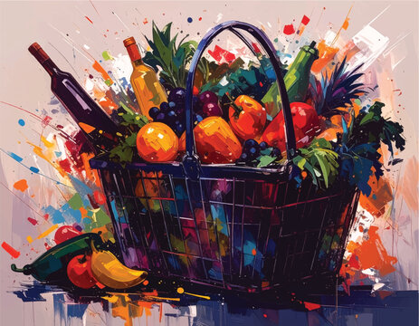 Fauvism flat vector sketch of a grocery basket overflowing with a variety of fresh fruits, vegetables, and assorted everyday groceries. Clean lines, sktech style, vibrant colors. White background.