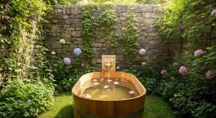 Serene garden bath with wooden tub and floating flowers for relaxation and tranquil outdoor experience