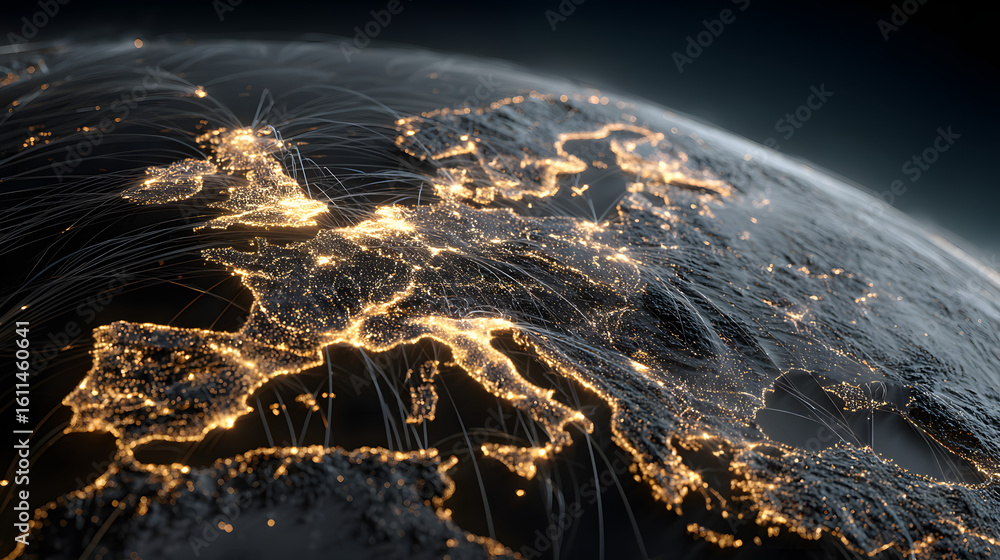 Poster europe-focused digital earth view with glowing connection lines symbolizing global data exchange.