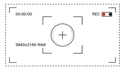 Vector art of camera viewfinder with recording indicator and resolution, isolated on white