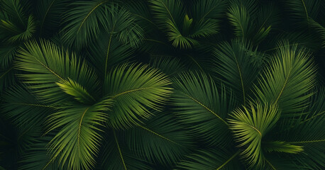 Palm foliage forms a vibrant composition with detailed textures and luminous yellow-green accents that express the beauty of a tropical forest.