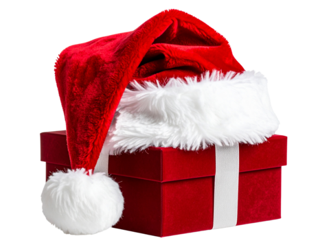 Santa Hat Draped Over a Wrapped Gift Box Corner Transparent Background - Powered by Adobe