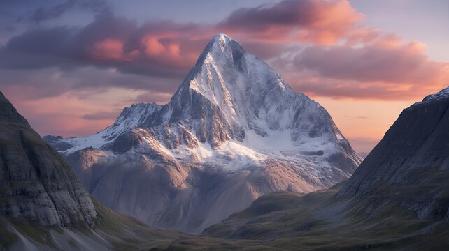 Majestic mountain peak covered in snow at sunset with pastel sky and dramatic landscape providing a sense of peace and serenity perfect for wallpaper or desktop background