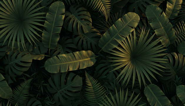 Overlapping tropical leaves form a lush background of palm, banana, fern, and monstera plants creating a natural green tapestry full of texture. - Powered by Adobe