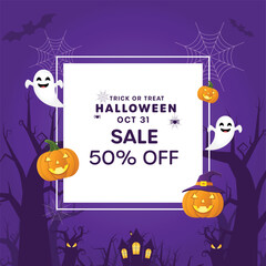 Halloween Flash Sale banner with 50% off discount. Spooky marketing promotion template for retail advertising, social media posts, and holiday offers with pumpkins and a haunted house.