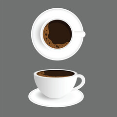 Vector illustration of a white coffee cup with black coffee, shown from top and perspective views. Isolated graphic element for a cafe menu, beverage branding, or morning routine concept.