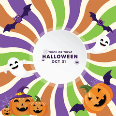 Halloween party invitation banner with a spooky landscape background. Vector graphic featuring a haunted house, graveyard, pumpkins, and bats for the October 31st celebration.