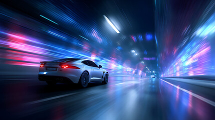 Dynamic motion blur effect with modern car driving in neon lighted tunnel