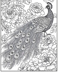 Peacock in floral design, artistic coloring page