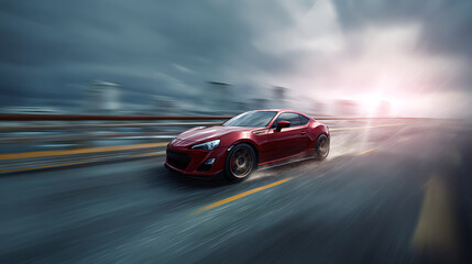 Dynamic red sports car accelerating with a motion blur effect at dusk