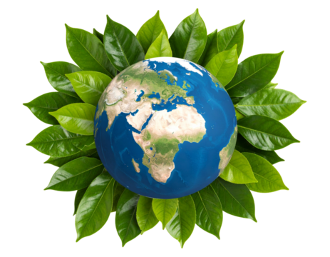 Earth Globe with Green Leaves Encircling It, isolated on a transparent background.
