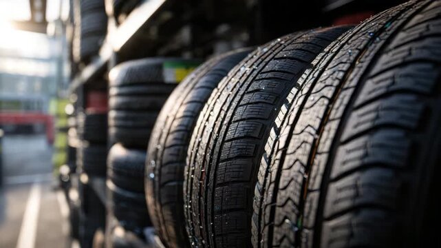 Close-up view of new winter tires on display at a car store. The tires are stacked on a shelf and have a variety of features, including aggressive tread patterns for traction in snow and ice
