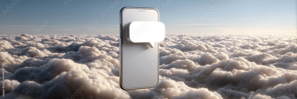 Poster floating phone screen advertisement in a digital landscape with clouds in the background showcasing 