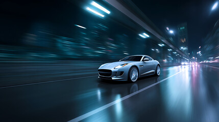 Dynamic silver coupe speeds through a futuristic urban tunnel environment