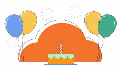 Birthday cake with candles and colorful balloons in a festive setting.