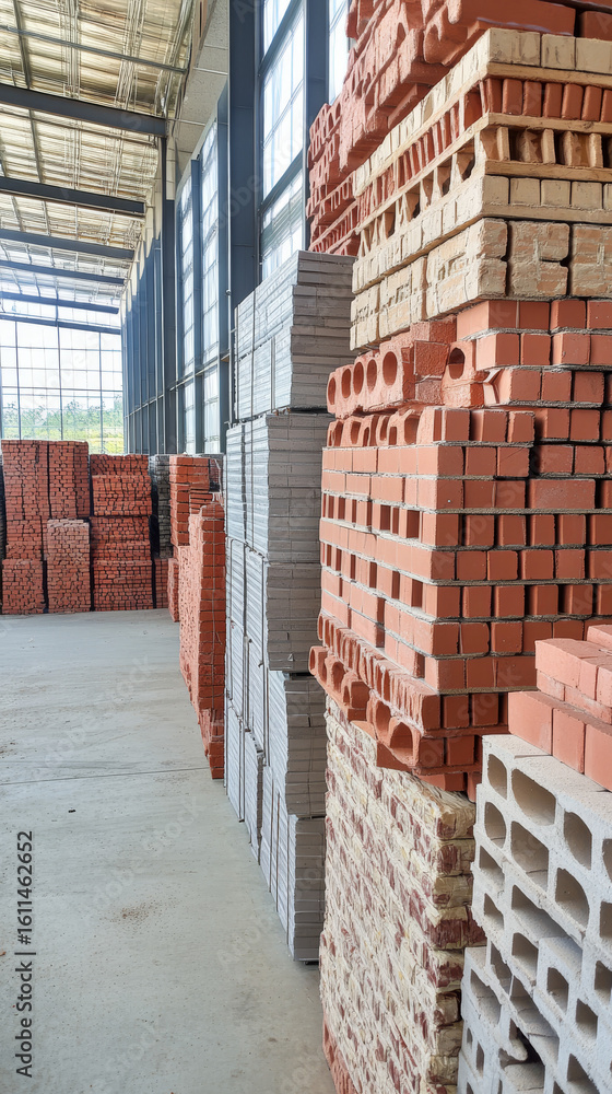Poster various neatly stacked building materials await use inside a brightly lit warehouse. ready for const