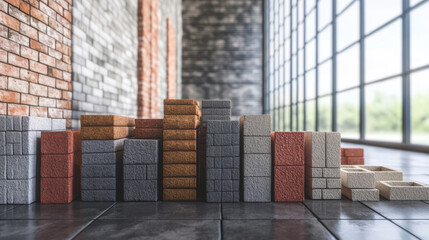 Stacked building materials showcase a range of block textures. Perfect for construction and architectural design concepts.