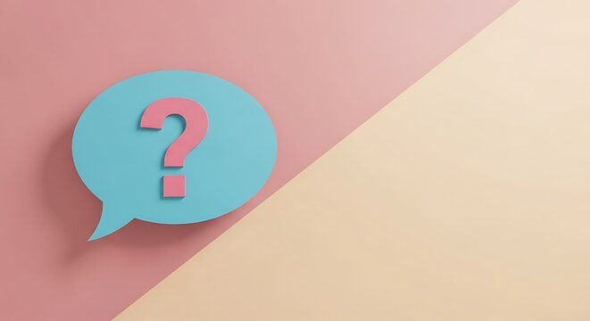 A blue speech bubble with a pink question mark