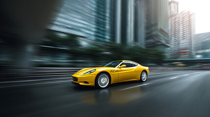 Vibrant yellow sports car speeding through a modern urban landscape