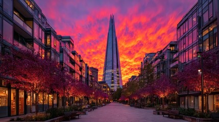 Obraz premium Skyscraper Tower at Sunset in Urban Shopping District with Pink and Orange Sky and Tree-lined Pedestrian Path