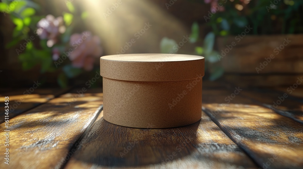 Poster cylindrical kraft container with kraft lid and shadows from a soft directional light source