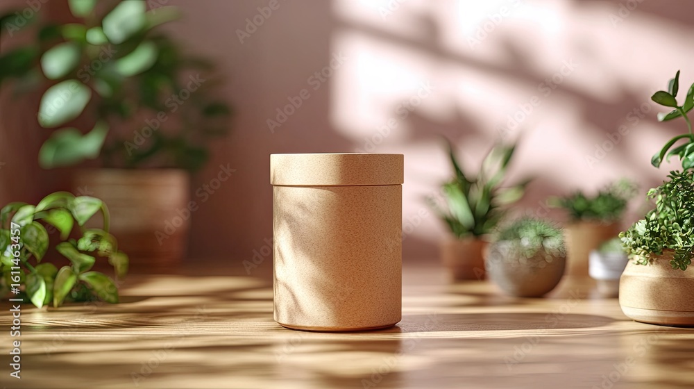 Poster cylindrical kraft container with kraft lid and shadows from a soft directional light source