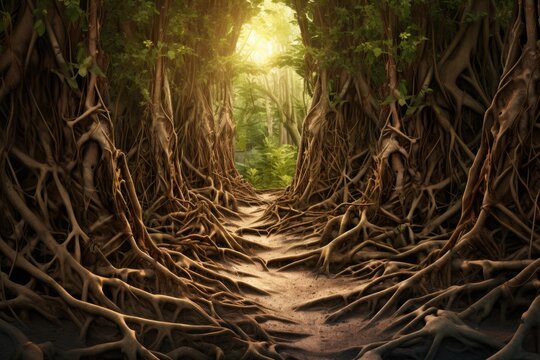 Sunlight illuminates a pathway through a dense jungle with large, exposed tree roots creating a mystical atmosphere