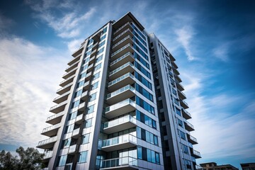 Obraz premium Modern high rise residential building with balconies reaching into the sky, symbolizing urban living and development