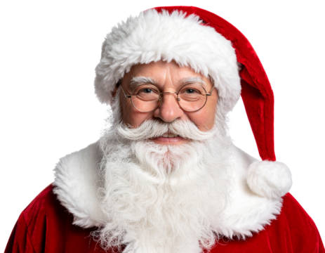 Classic Santa Claus Face with Rosy Cheeks and White Beard, isolated on a transparent background.