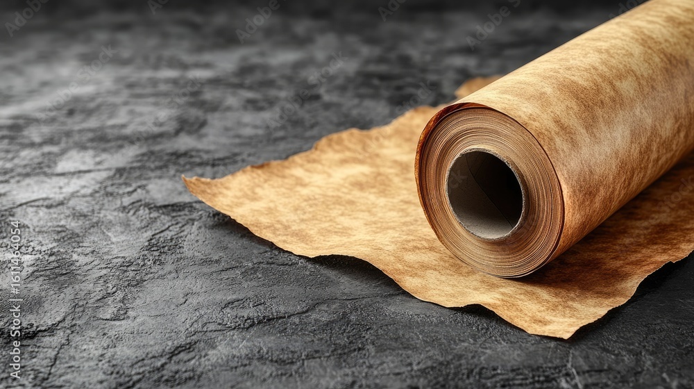 Poster roll of kraft paper unrolling across a rustic surface, ready for packaging or wrapping mockups