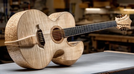 Naklejka premium Exquisite handcrafted acoustic guitar with unique wood grain and elegant design displayed in workshop setting