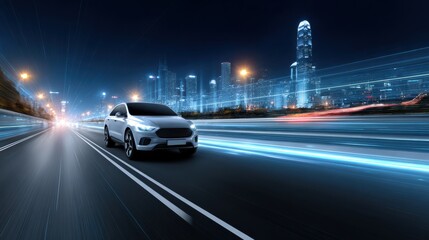 A sleek white car speeds through a futuristic cityscape at night, with glowing light trails and skyscrapers illuminating the background.