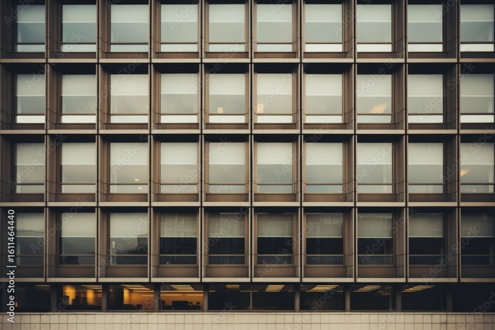 Poster modern office building facade featuring a uniform grid of windows, creating a visually striking patt