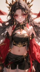 Obraz premium Illustration of a Female Character with Red Wings and Black Outfit