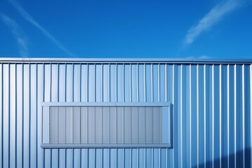 Fototapeta premium Blue corrugated metal wall with a rectangular window under clear sky
