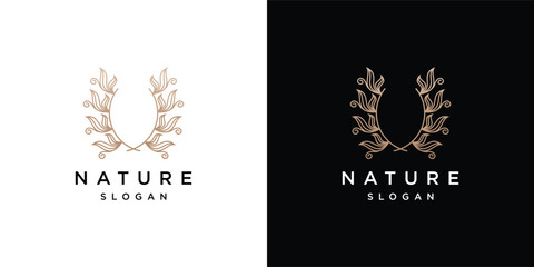 Gold leaf logo design. Green tree leaf growth logo icon.