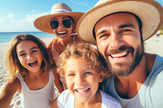 Family smiling and taking selfie on a tropical beach during summer vacation