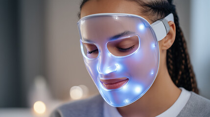 LED light therapy facial mask for home skincare treatment. Woman using blue light beauty device for anti-aging acne treatment and skin rejuvenation wellness routine.
