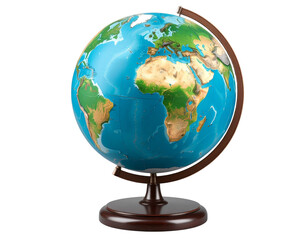 Classic Blue and Green Earth Globe on Stand, isolated on a transparent background.