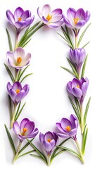 Elegant Frame of Purple and White Crocus Flowers on a White Background