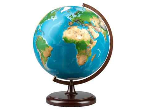 Classic Blue and Green Earth Globe on Stand, isolated on a transparent background.