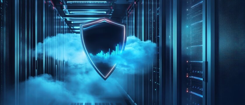 A glowing shield symbol floats amid blue cloud-like mist in a data center aisle, representing cybersecurity and data protection.