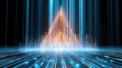 A glowing pyramid formed by vertical light beams and particles rises from a futuristic digital grid with blue and orange neon hues.