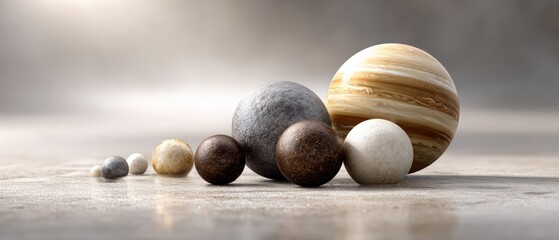 A detailed representation of the solar system showing planets of varying sizes aligned in a row on a neutral background.