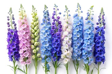 Colorful Delphinium Flowers on White Background Showcasing Variety of Floral Hues