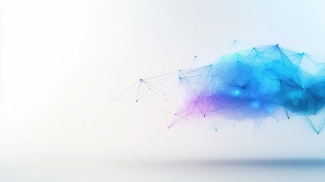 Abstract digital network composed of blue and purple connected points and lines floating against a white background.