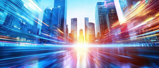 A futuristic cityscape with glowing skyscrapers and dynamic light trails conveying speed and modern urban energy at sunrise or sunset.