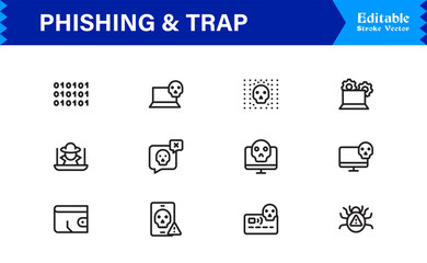 Phishing Security Cybercrime: Professional Line Icon Set with Modern Minimal Trap, Scam, and Hacker Symbols